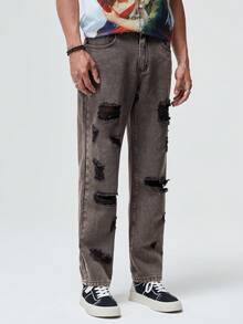 ROMWE MEN Street Life 男士棉破洞直筒牛仔褲 - 灰色 - 查看 5