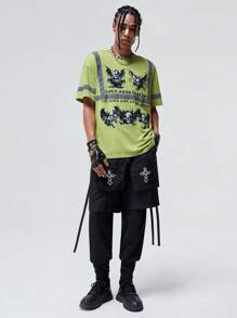 ROMWE MEN ROMWE Avant 男士骷髅頭圖案織帶拼接落肩T恤 - 青檸色 - 查看 1