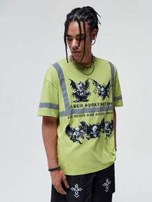 ROMWE MEN ROMWE Avant 男士骷髅頭圖案織帶拼接落肩T恤 - 青檸色 - 查看 5