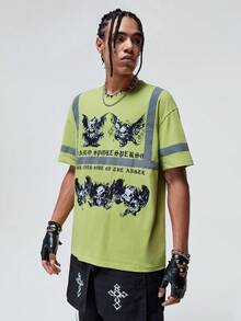 ROMWE MEN ROMWE Avant 男士骷髅頭圖案織帶拼接落肩T恤 - 青檸色 - 查看 6