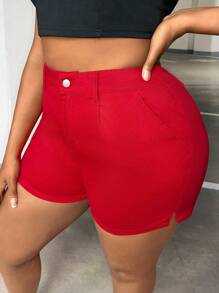 SHEIN SXY Quần short denim oversized Nút Túi Chia Dây kéo màu trơn - Đỏ - Xem 2