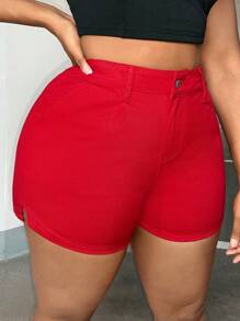 SHEIN SXY Quần short denim oversized Nút Túi Chia Dây kéo màu trơn - Đỏ - Xem 5