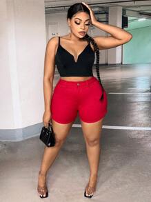 SHEIN SXY Quần short denim oversized Nút Túi Chia Dây kéo màu trơn - Đỏ - Xem 6