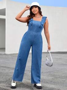SHEIN EZwear Plus Ruffle Trim Wide Leg Denim Dungarees - Medium Wash - View 1