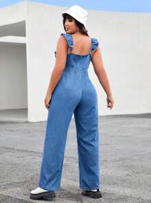 SHEIN EZwear Plus Ruffle Trim Wide Leg Denim Dungarees - Medium Wash - View 2