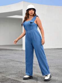 SHEIN EZwear Plus Ruffle Trim Wide Leg Denim Dungarees - Medium Wash - View 3