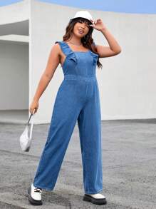 SHEIN EZwear Plus Ruffle Trim Wide Leg Denim Dungarees - Medium Wash - View 4
