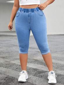 SHEIN ICON Plus Elastic Waist Capri Skinny Jeans - Light Wash - View 1