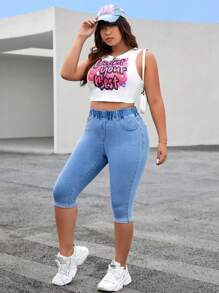 SHEIN ICON Plus Elastic Waist Capri Skinny Jeans - Light Wash - View 3