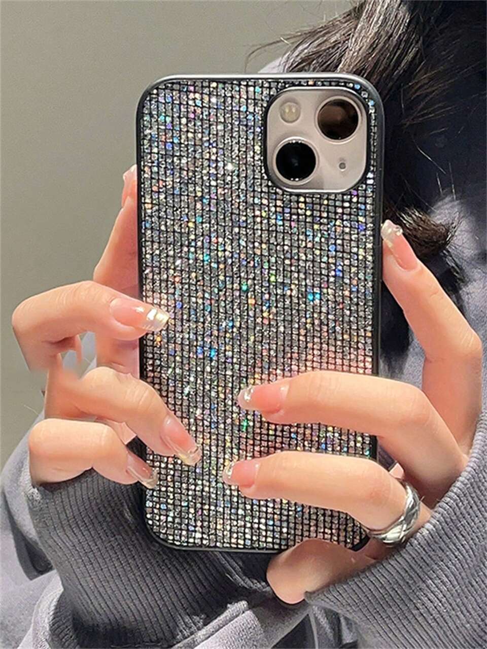 Shockproof Bling Rhinestone Apple 2000s Fashion Silver Y2k Rhinestone Decor Phone Case Waterproof Anti-Fall Scratch Resistant Spring Gift