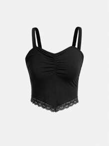 SHEIN Leap Crew 青少年女孩蕾絲拼接褶邊吊帶上衣 - 黑色 - 查看 1