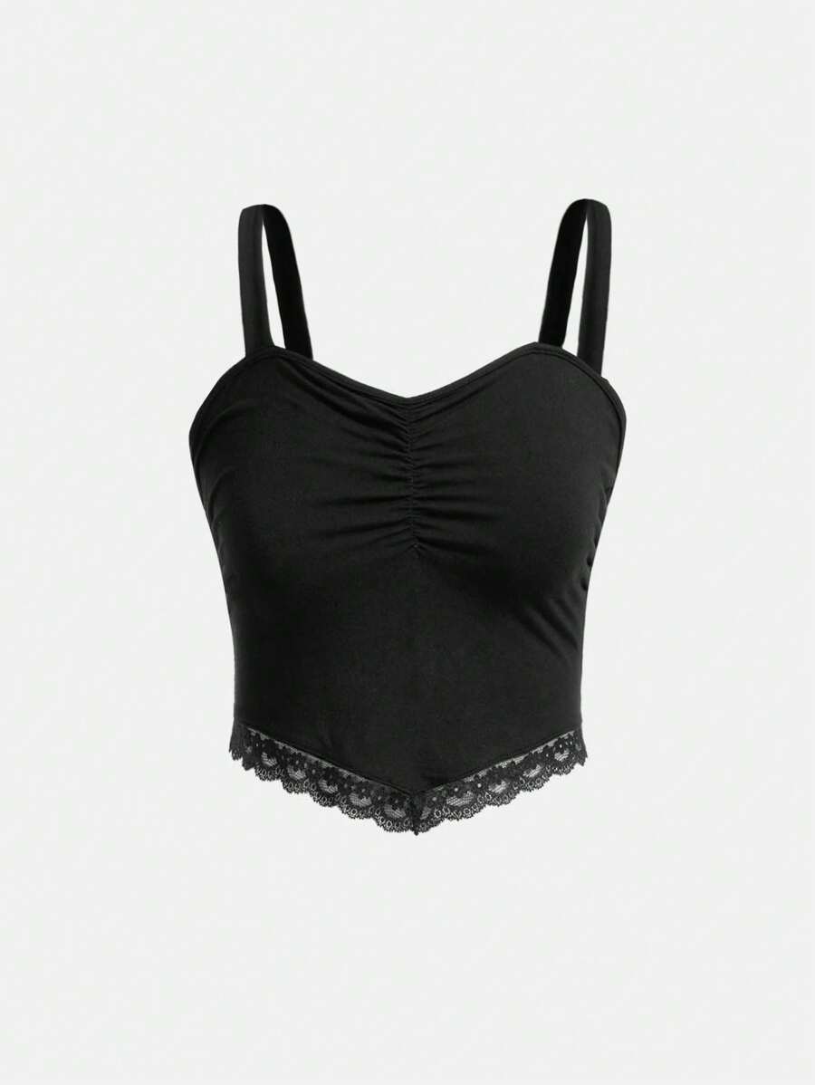 SHEIN Leap Crew 青少年女孩蕾絲拼接褶邊吊帶上衣 - 黑色 - 查看 1