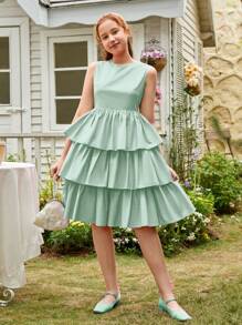 SHEIN Teen Girls Layer Hem Solid Dress - Mint Green - View 1