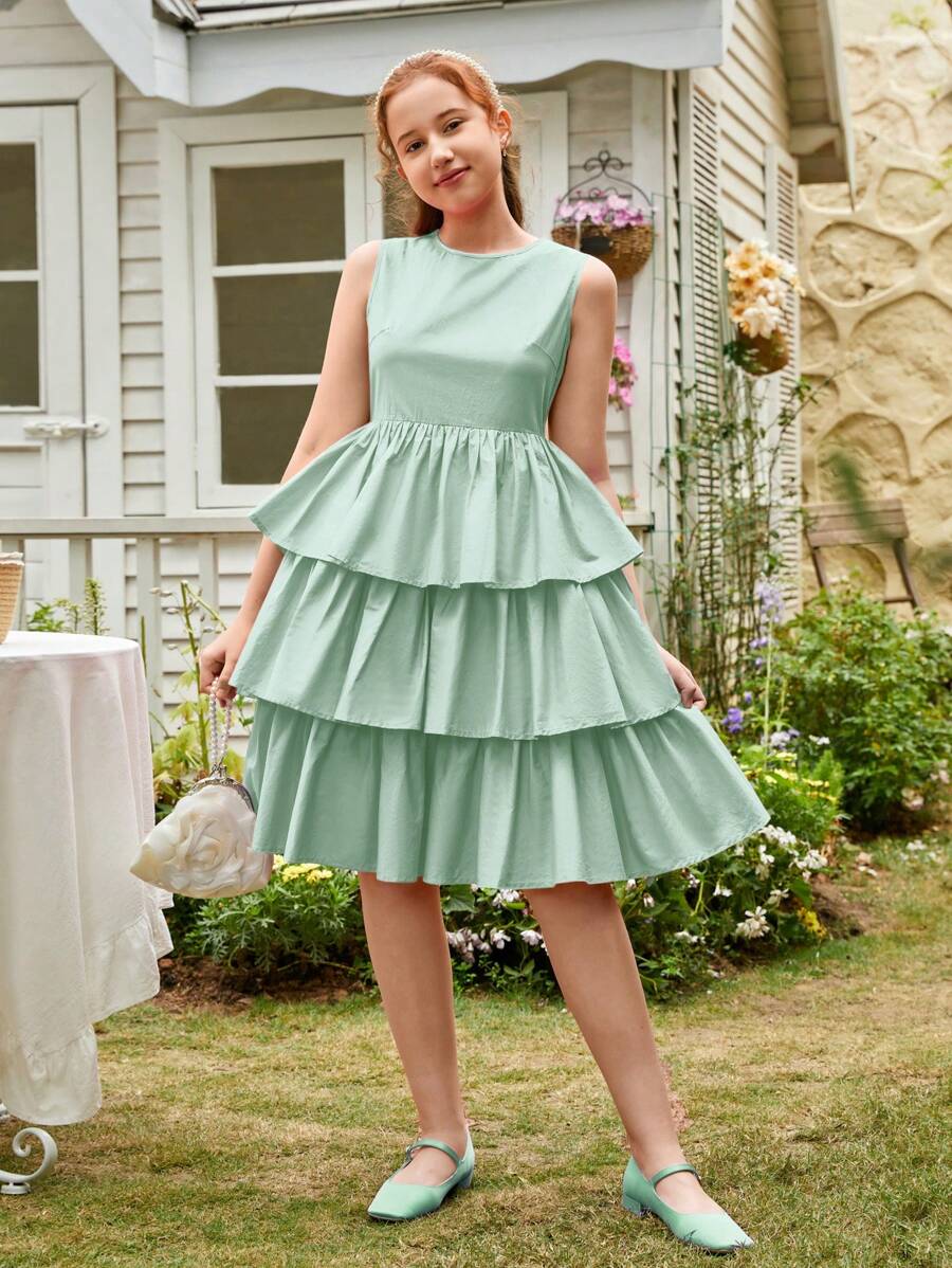 SHEIN Teen Girls Layer Hem Solid Dress - Mint Green - View 1