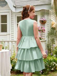 SHEIN Teen Girls Layer Hem Solid Dress - Mint Green - View 2