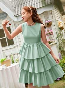 SHEIN Teen Girls Layer Hem Solid Dress - Mint Green - View 3
