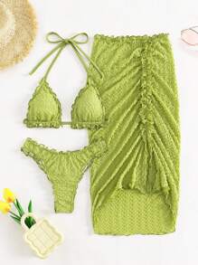 Swim Mod Summer Beach Lettuce Trim Halter Triangle Bikini Set With Beach Skirt - Lime Green - View 1