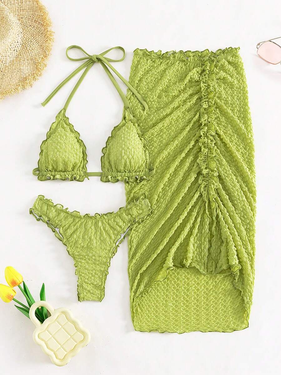 Swim Mod Summer Beach Lettuce Trim Halter Triangle Bikini Set With Beach Skirt - Lime Green - View 1