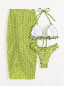 Swim Mod Summer Beach Lettuce Trim Halter Triangle Bikini Set With Beach Skirt - Lime Green - View 4