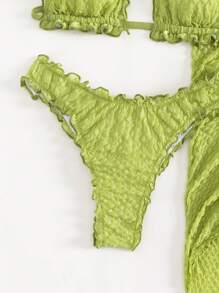 Swim Mod Summer Beach Lettuce Trim Halter Triangle Bikini Set With Beach Skirt - Lime Green - View 5