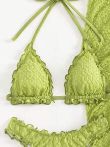 Swim Mod Summer Beach Lettuce Trim Halter Triangle Bikini Set With Beach Skirt - Lime Green - View 6