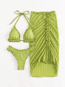 Swim Mod Summer Beach Lettuce Trim Halter Triangle Bikini Set With Beach Skirt - Lime Green - View 7