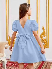 SHEIN Đầm Gái Thêu Dây kéo Nơ sau Hoa Dễ thương - Màu xanh nhạt - Xem 2