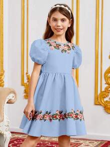 SHEIN Đầm Gái Thêu Dây kéo Nơ sau Hoa Dễ thương - Màu xanh nhạt - Xem 3