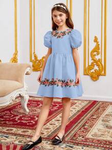 SHEIN Đầm Gái Thêu Dây kéo Nơ sau Hoa Dễ thương - Màu xanh nhạt - Xem 4