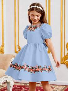 SHEIN Đầm Gái Thêu Dây kéo Nơ sau Hoa Dễ thương - Màu xanh nhạt - Xem 5