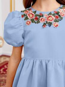 SHEIN Đầm Gái Thêu Dây kéo Nơ sau Hoa Dễ thương - Màu xanh nhạt - Xem 6