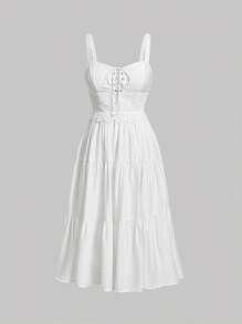 SHEIN MOD Đầm Plus Size Ren lên Viên lá sen phân lớp Thùa khuyết Dải chun màu trơn Boho - trắng - Xem 1