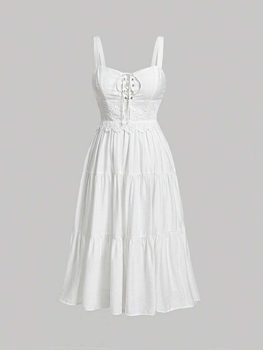 SHEIN MOD Đầm Plus Size Ren lên Viên lá sen phân lớp Thùa khuyết Dải chun màu trơn Boho - trắng - Xem 1