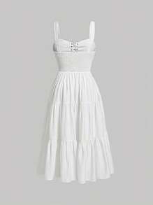 SHEIN MOD Đầm Plus Size Ren lên Viên lá sen phân lớp Thùa khuyết Dải chun màu trơn Boho - trắng - Xem 2