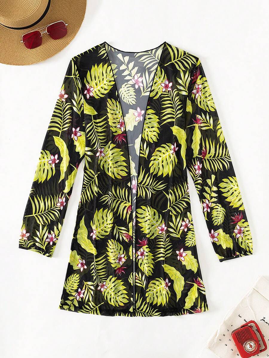 Tropical Print Open Front Kimono - Multicolor - View 1