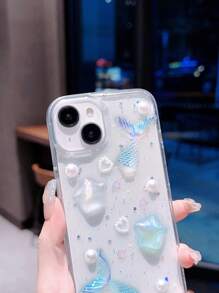 1 件透明可爱美人鱼、星星、贝壳、海洋、心形设计手机壳，适用于 17、17 Air/17 Pro、17 Pro Max、16、16e、15、14、14 Pro Max、13、13 Mini、12、11、12 Mini、13 Mini、蓝鱼透明手机保护壳，送给女孩的礼物，圣诞礼物