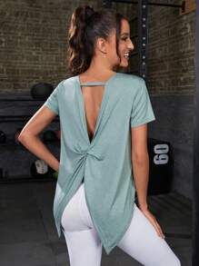 SHEIN Daily&Casual Cut Out Twist Back Sports Tee - Mint Green - View 4