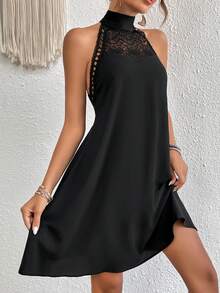 SHEIN Frenchy Guipure Lace Insert Tie Backless Halter Dress