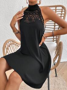 SHEIN Frenchy Guipure Lace Insert Tie Backless Halter Dress