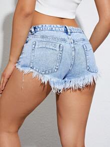 SHEIN EZwear 破洞毛邊牛仔短褲 - 淺色水洗藍 - 查看 2