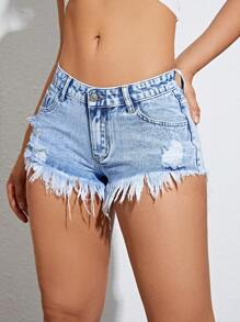 SHEIN EZwear 破洞毛邊牛仔短褲 - 淺色水洗藍 - 查看 4