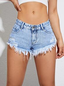 SHEIN EZwear 破洞毛邊牛仔短褲 - 淺色水洗藍 - 查看 6