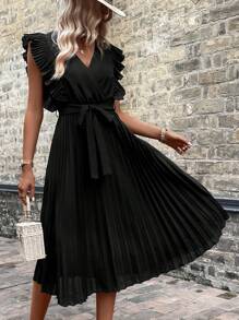 SHEIN LUNE Đầm Thắt lưng Xù Xếp li màu trơn Giải trí - màu đen - Xem 1