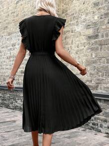 SHEIN LUNE Đầm Thắt lưng Xù Xếp li màu trơn Giải trí - màu đen - Xem 2