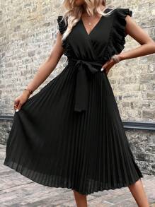 SHEIN LUNE Đầm Thắt lưng Xù Xếp li màu trơn Giải trí - màu đen - Xem 4