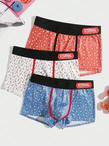 Men 3pcs Allover Print Contrast Letter Tape Boxer Brief - Multicolor - View 1