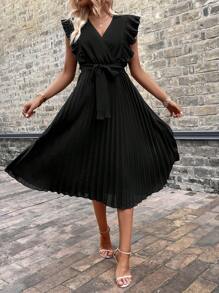 SHEIN LUNE Đầm Thắt lưng Xù Xếp li màu trơn Giải trí - màu đen - Xem 6