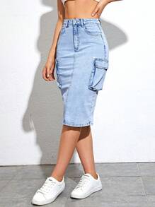 SHEIN EZwear Flap Pocket Split Back Denim Skirt - Light Wash - View 2