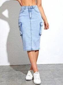 SHEIN EZwear Flap Pocket Split Back Denim Skirt - Light Wash - View 3