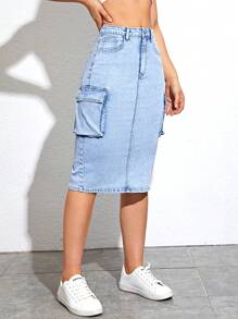 SHEIN EZwear Flap Pocket Split Back Denim Skirt - Light Wash - View 4